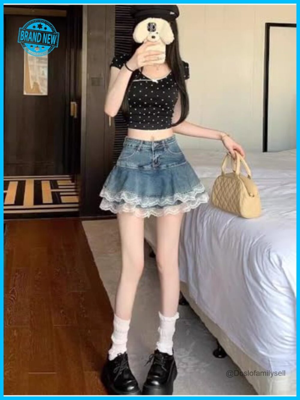 High Waist Denim Lace Mini Skirt A-Line Ruffle Y2K Kawaii Streetwear - Picture 5 of 6